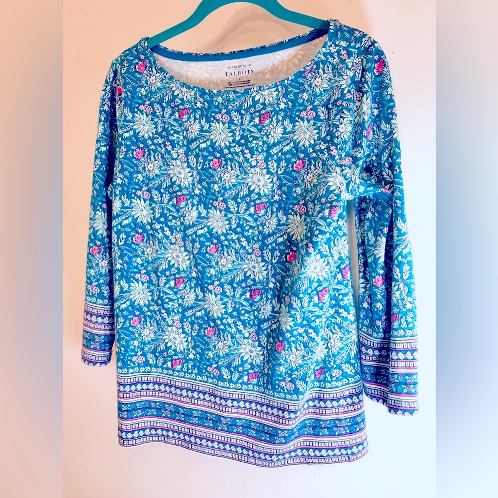 Talbots Vibrant Blue Floral 3/4 Sleeve Top
